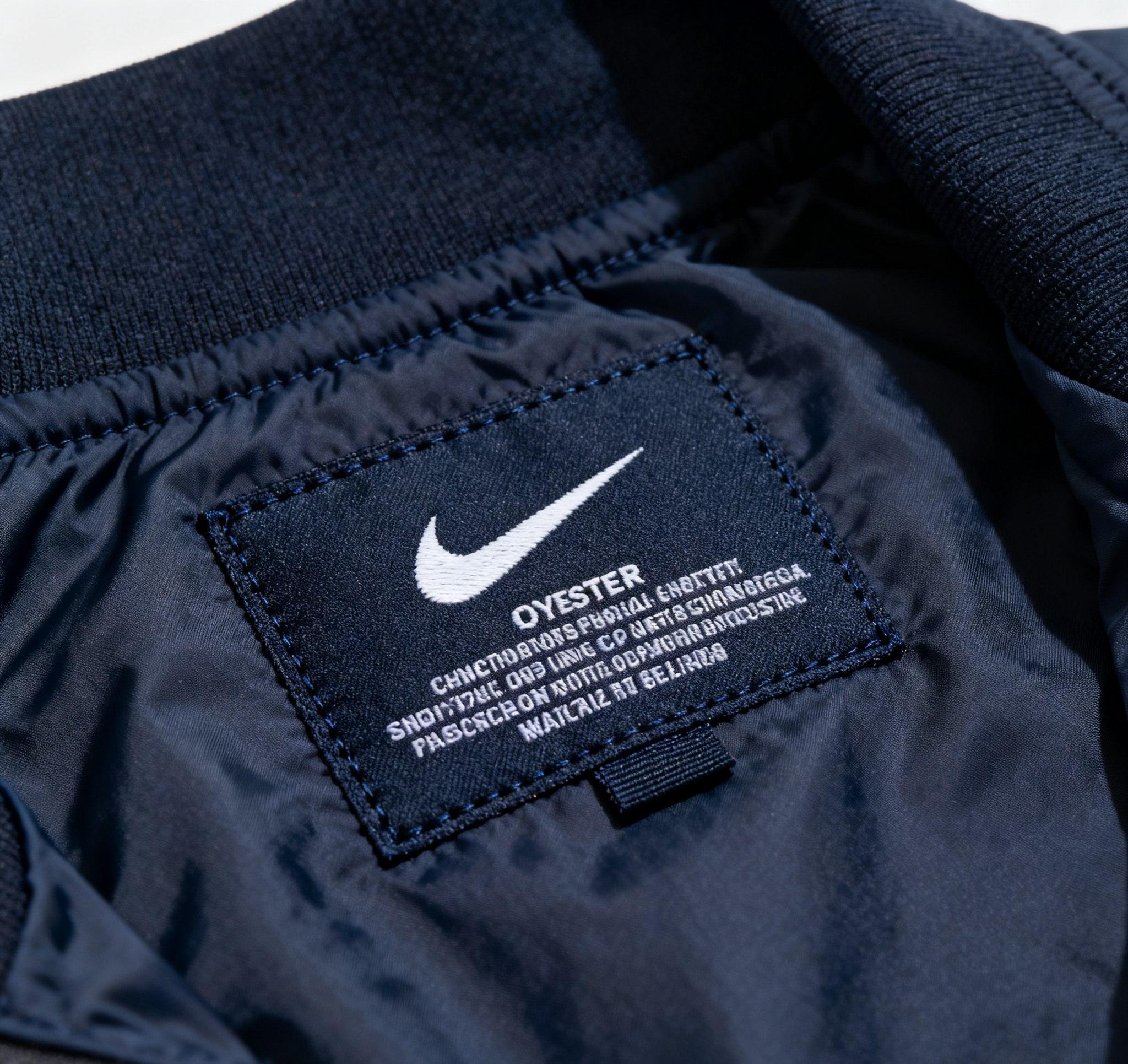 Polyester brand label printed on athletic jacket.”
